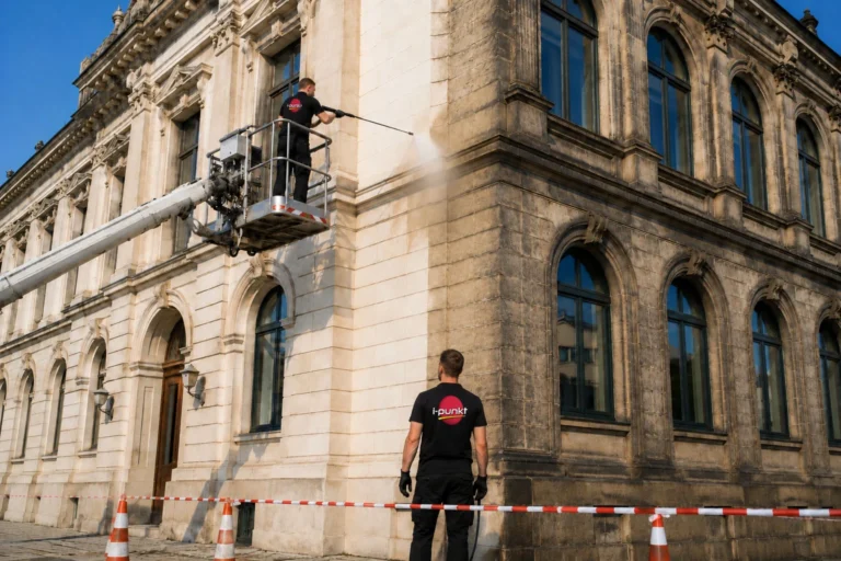 Fassadenreinigung an einem historischen Gebäude mit Hubsteiger