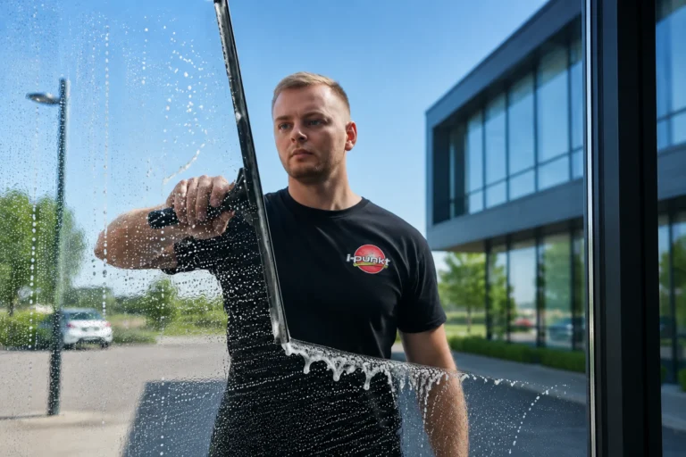 i-punkt Mitarbeiter bei der Glasreinigung einer Glasfassade