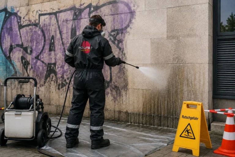 Graffitientfernung an einer Hauswand mit Hochdruckreiniger