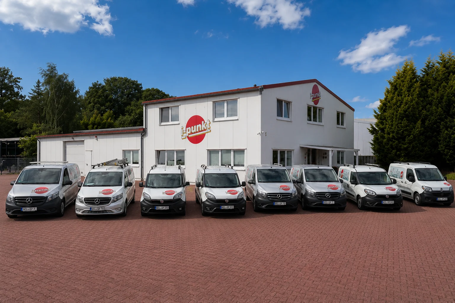 Firmengebäude der i-punkt GmbH mit dem Fuhrpark der Einsatzfahrzeuge